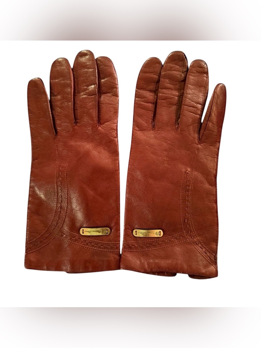 Etienne Aigner 7.5 Italian Made Leather Gloves Reddish Brown